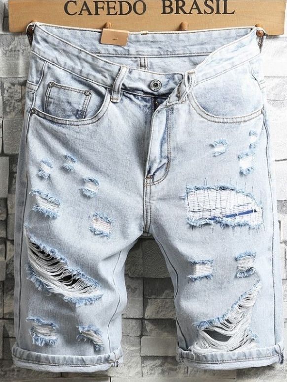Bermuda Masculina Jeans Azul Claro Destroyed Mood