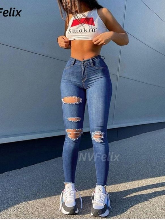 Calça Feminina Azul Jeans Illusion Luxe Rasgado
