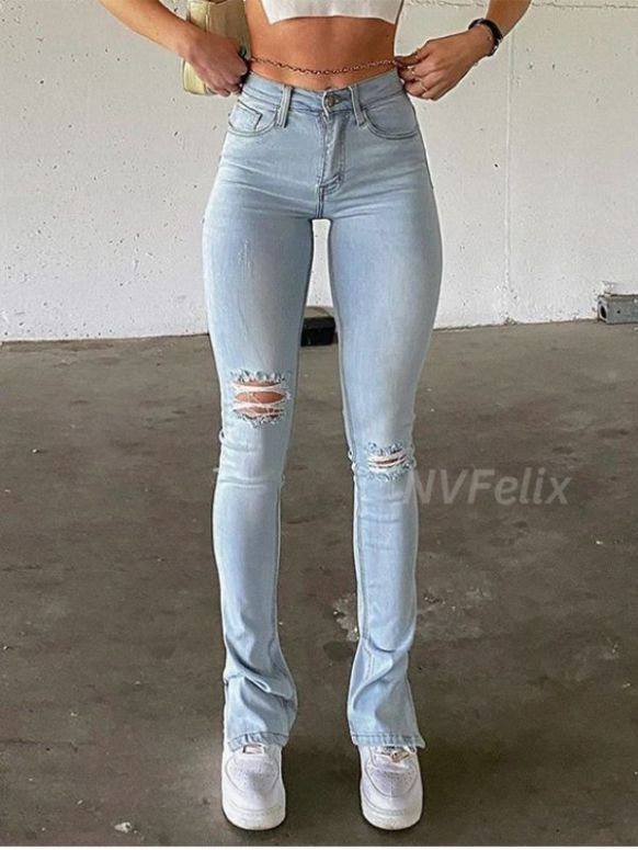 Calça Feminina Jeans Azul Skinny Fenda Lateral
