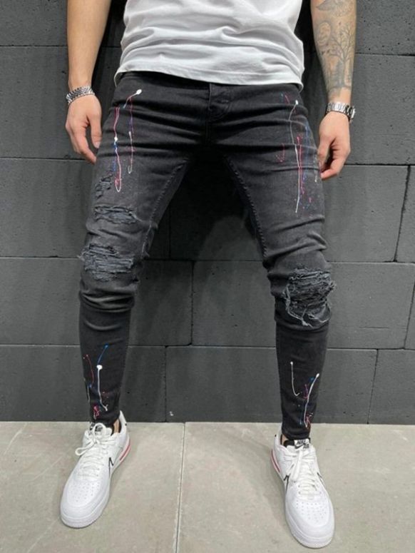 Calça Masculina Cinza Escuro Jeans Skinny Punk