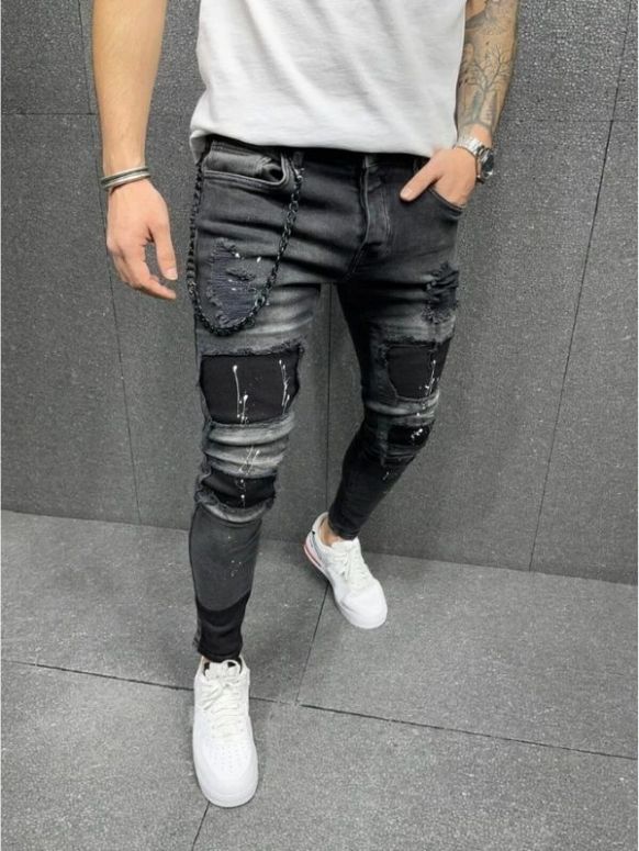 Calça Masculina Jeans Skinny Preta Destroyed Luxe