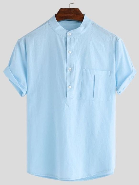 Camisa Masculina Azul Manga Curta de Linho