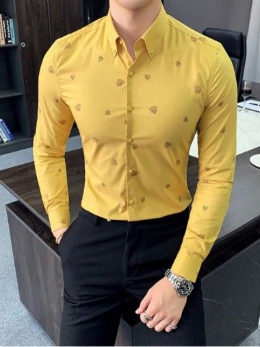 Camisa Masculina Casual Slim Amarela Folhas