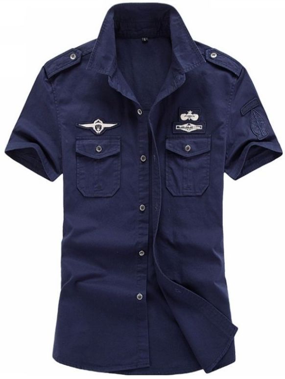 Camisa Masculina Militar Azul Manga Curta