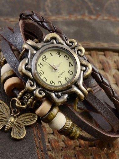 Relógio Pulseira Vintage Couro Pingente Borboleta