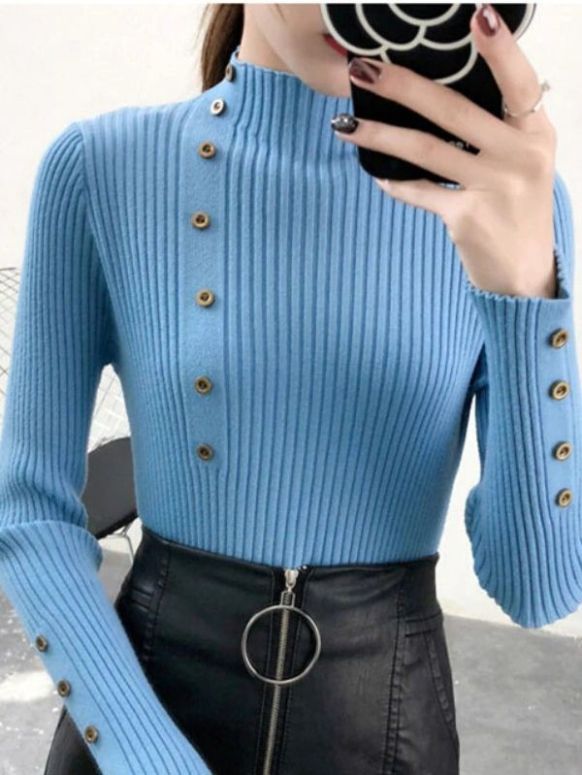 Sweater Feminino Cashmere Azul Botão Gola Alta