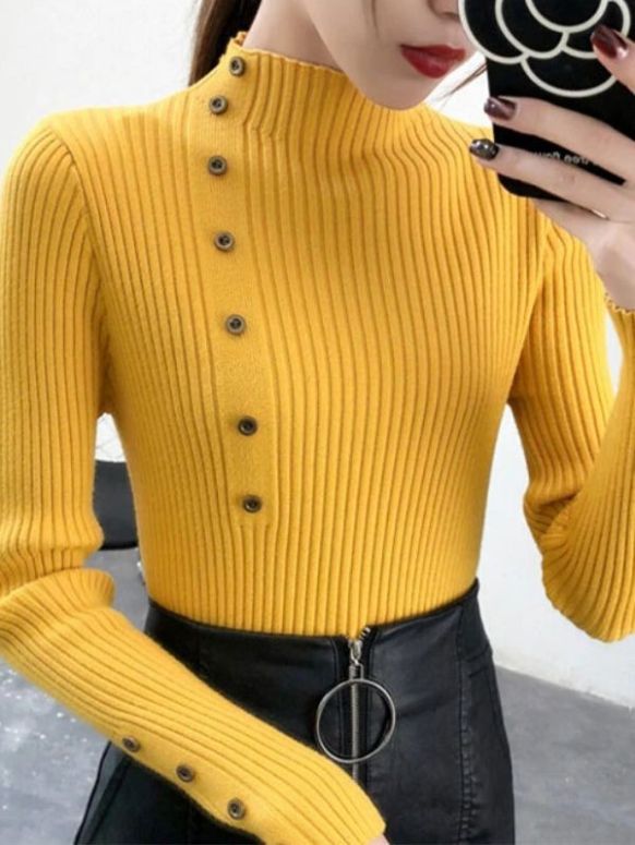 Sweater Feminino Cashmere Amarelo Botão Gola Alta