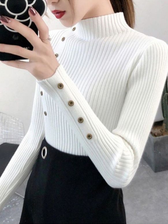 Sweater Feminino Cashmere Branco Botão Gola Alta
